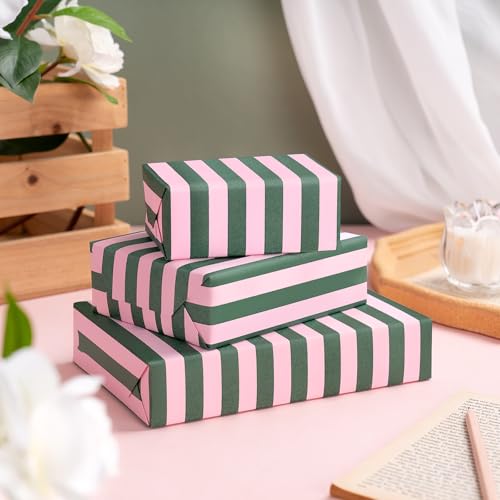 Kraft Green and Pink Stripe Wrapping Paper Mini Roll V11035