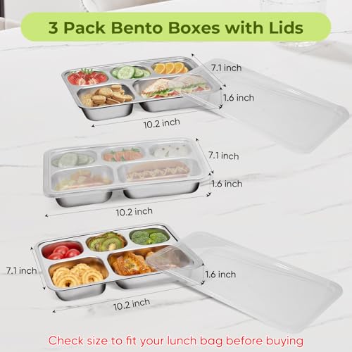 Stainless Steel Bento Box 3 Pack 5 Compartments with Lids Y16121