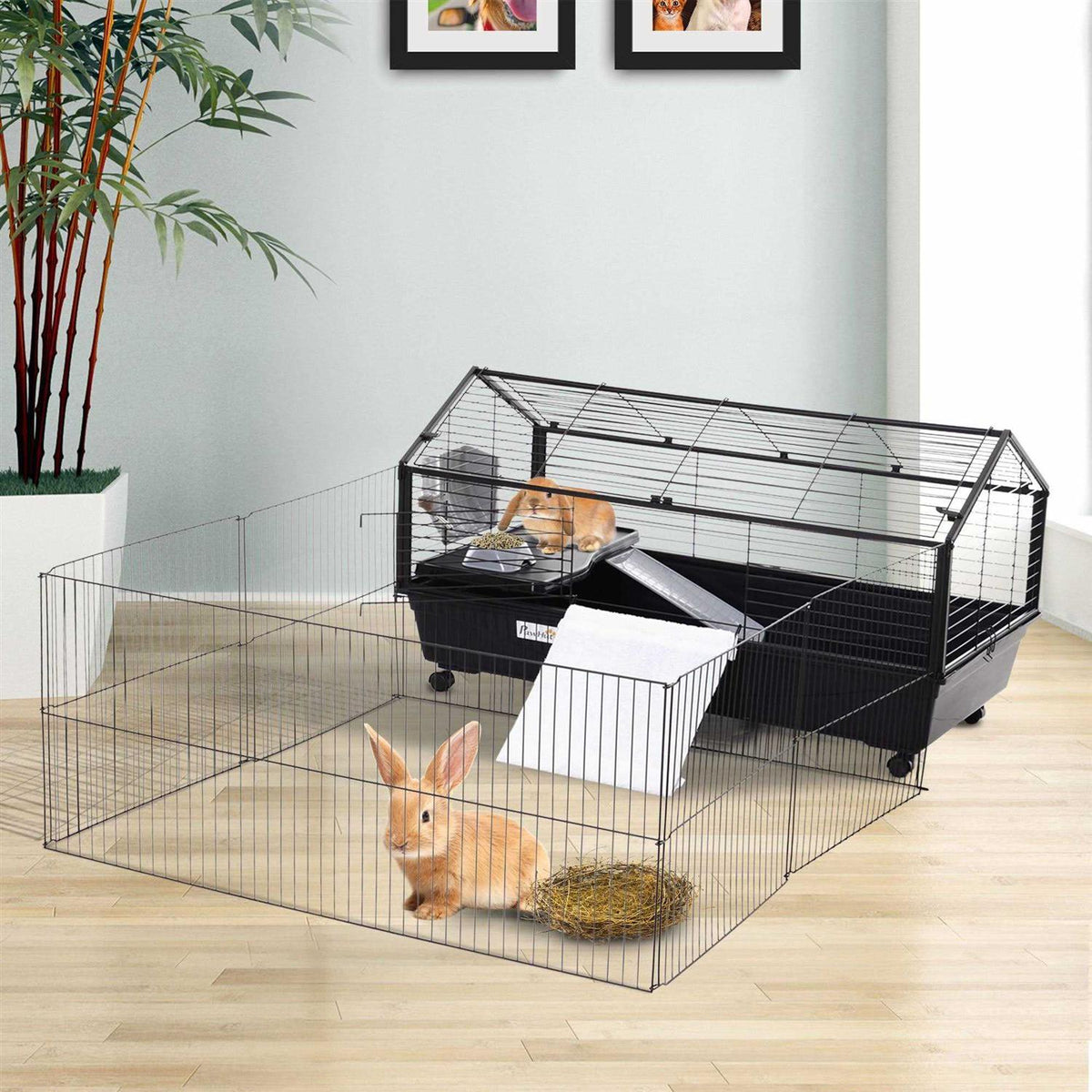 Rolling Metal Small Animal Hutch Cage with Main House and Run S63244
