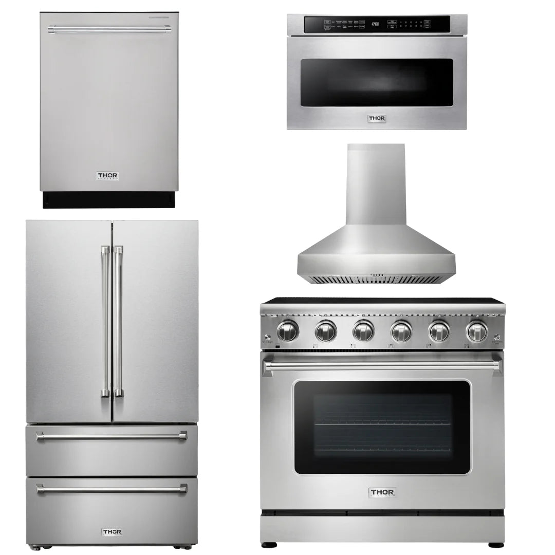 36 Electric Range, Range Hood, Microwave, Refrigerator with Water and Ice Dispenser, Dishwasher F949856