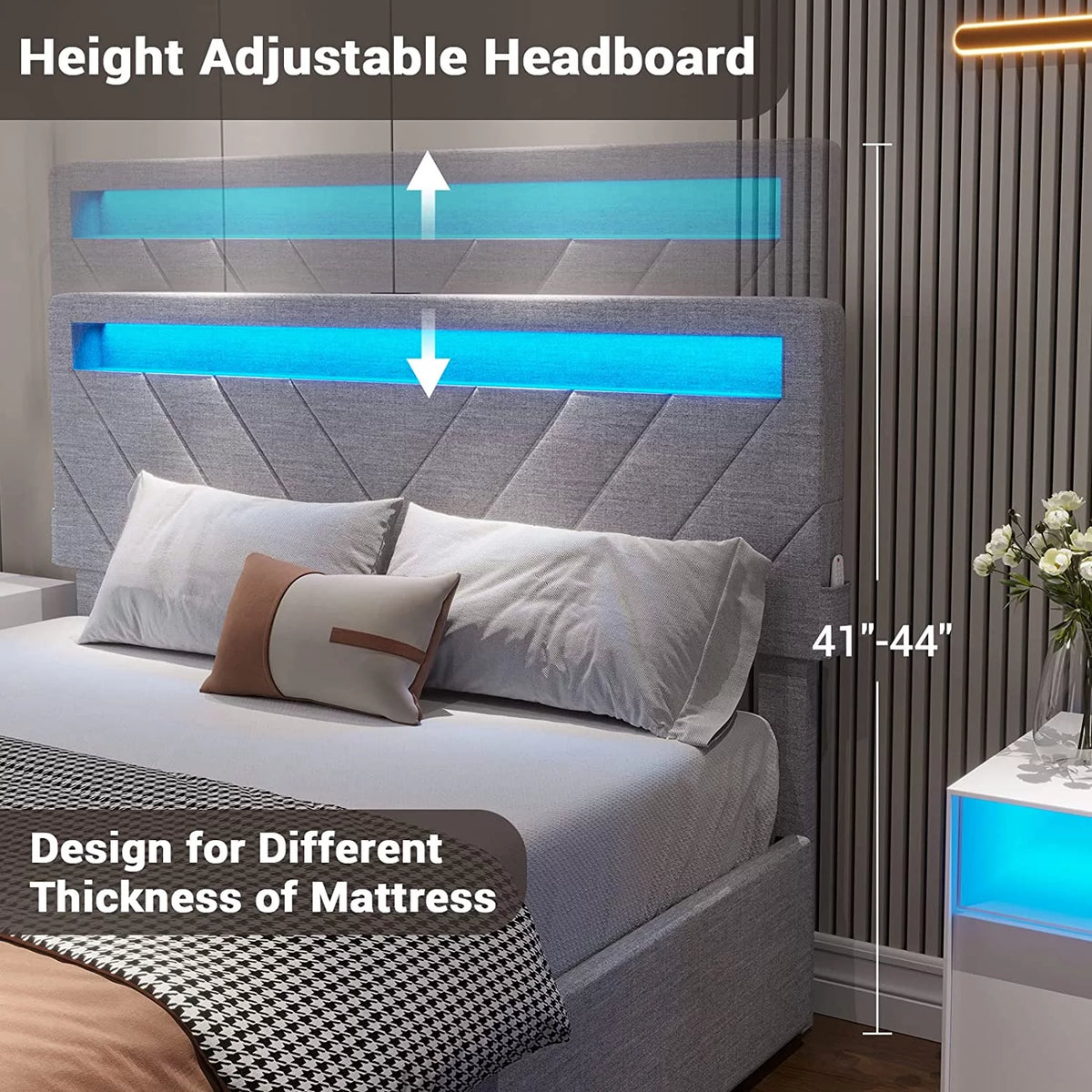 Queen Bed Frame with LED Lights Headboard, 4 Drawers, 2 USB Charging Station, Upholstered Platform Bed, Dark Gray O7775