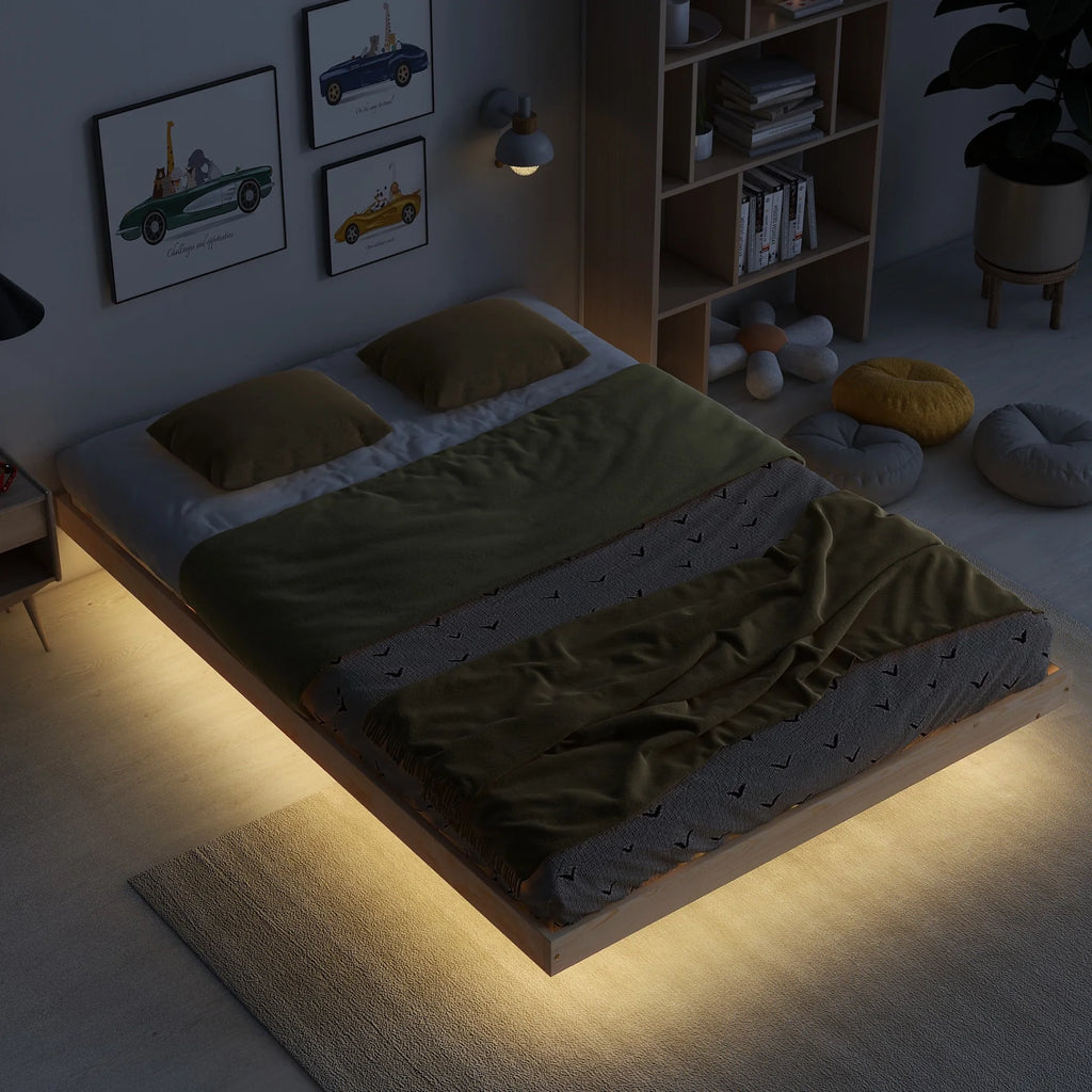 Full Size Grey Pinewood Floating Platform Bed with LED Lights B271303