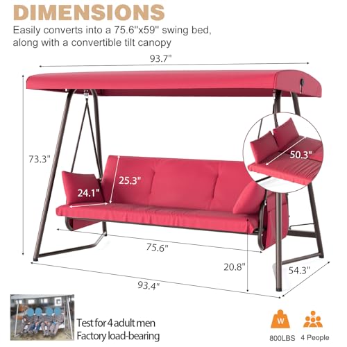 Oversized Outdoor Porch Swing with Adjustable Backrest Canopy I72621