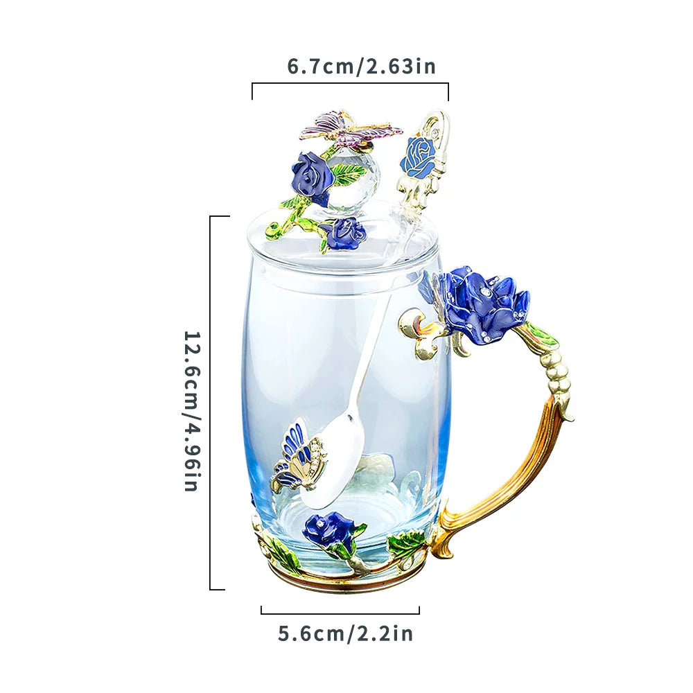 Blue Glass Tea Cup with Lid Coaster Spoon 18oz B50506