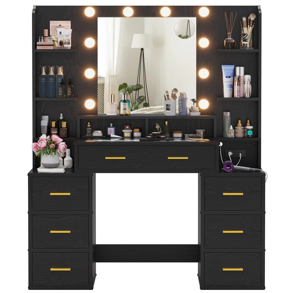 Black Glass Top Vanity Desk with Mirror and Lights J593039