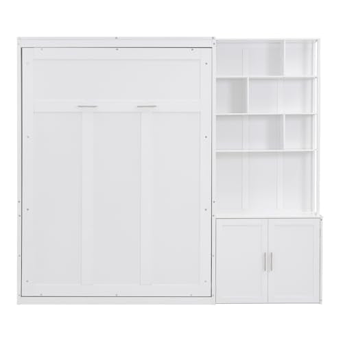 White Full Size Wood Murphy Bed with Storage Shelves and Cabinet Z180514