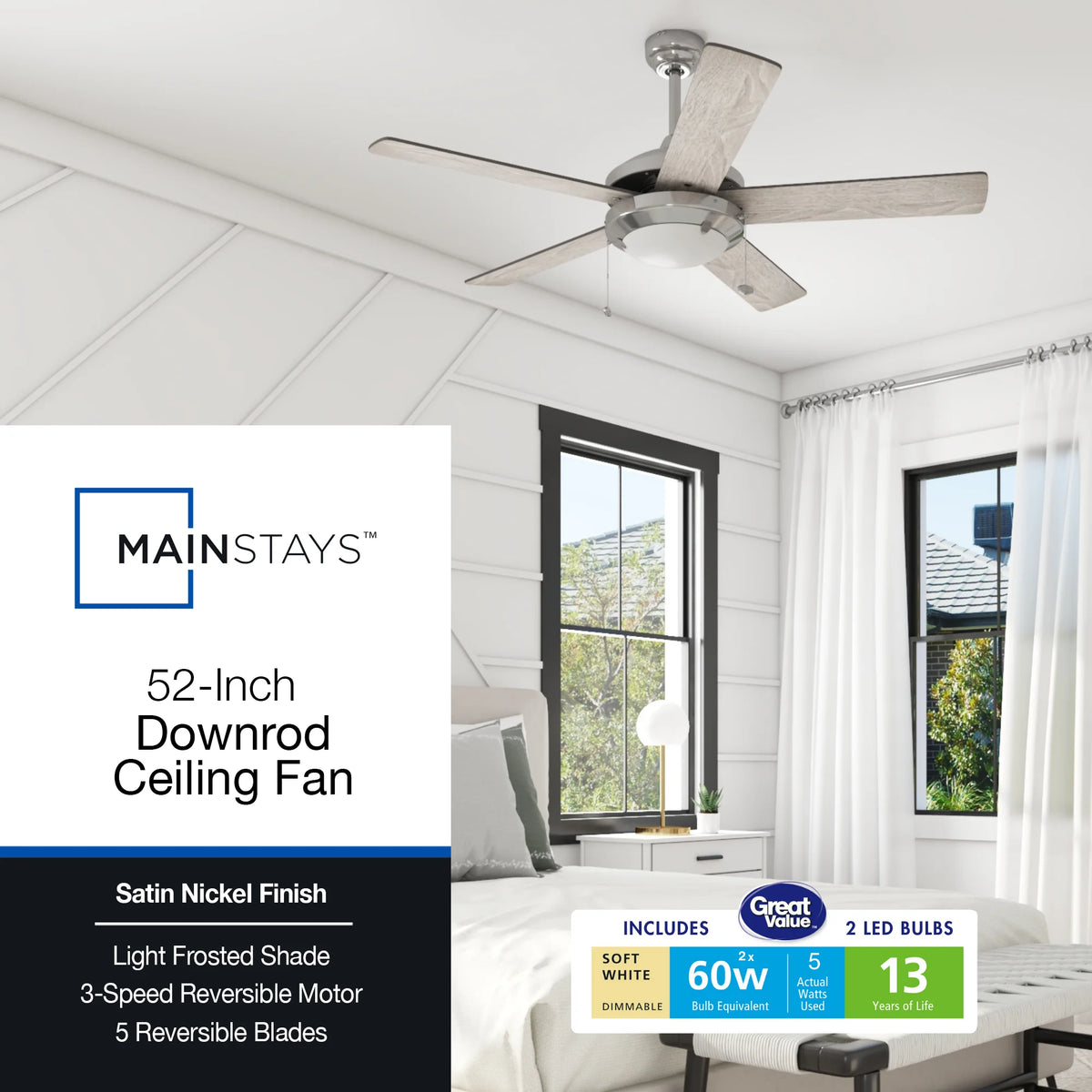 52" Satin Nickel Ceiling Fan with Light E515