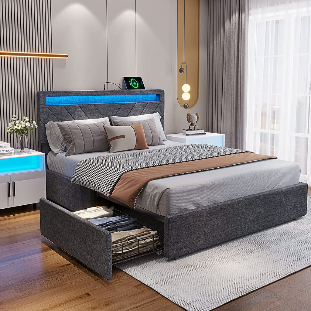 Queen Bed Frame with LED Lights Headboard, 4 Drawers, 2 USB Charging Station, Upholstered Platform Bed, Dark Gray O7775