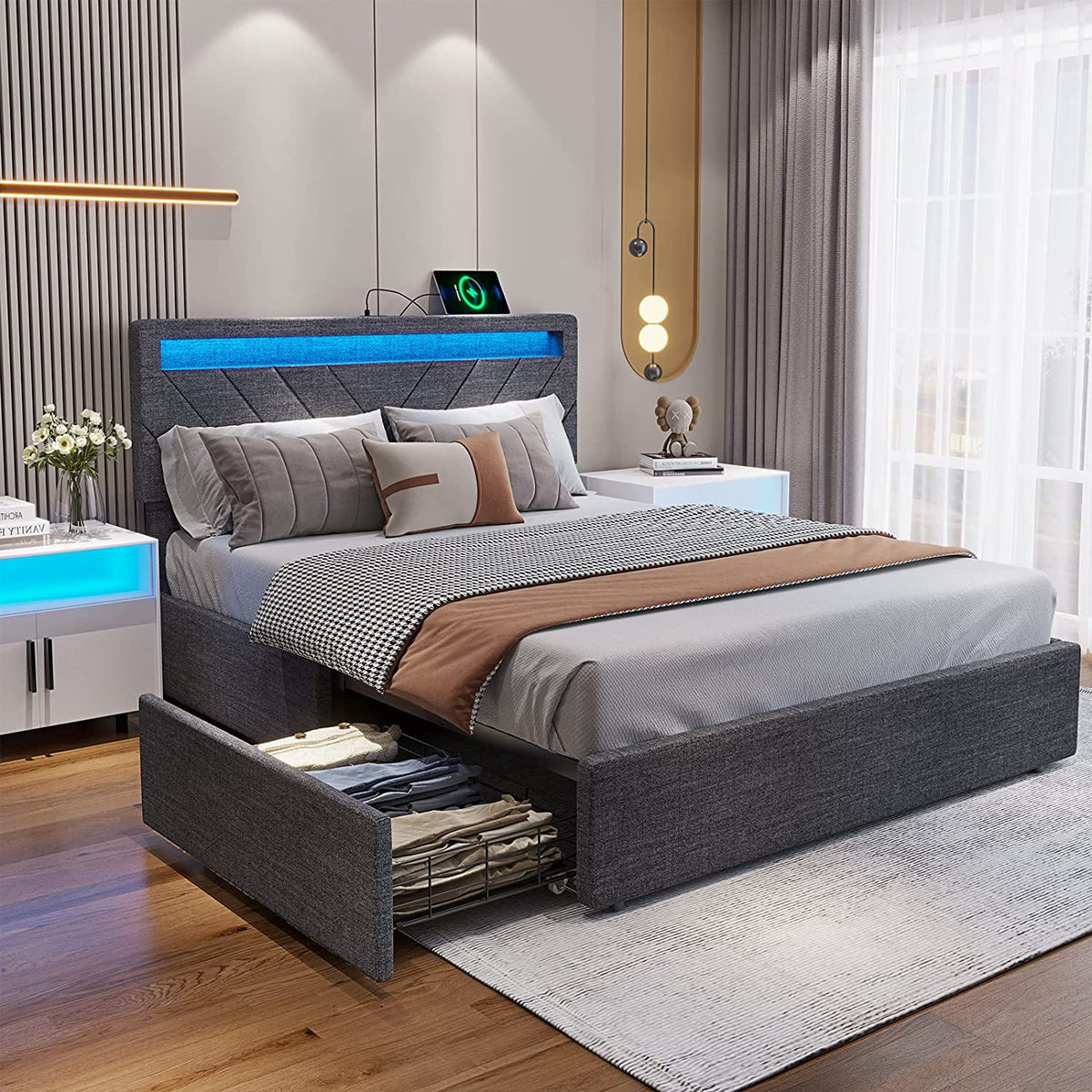 Queen Bed Frame with LED Lights Headboard, 4 Drawers, 2 USB Charging Station, Upholstered Platform Bed, Dark Gray O7775