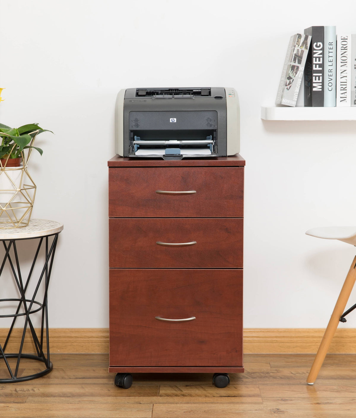 Cherry 3 Drawer File Cabinet with Rolling Casters N2805