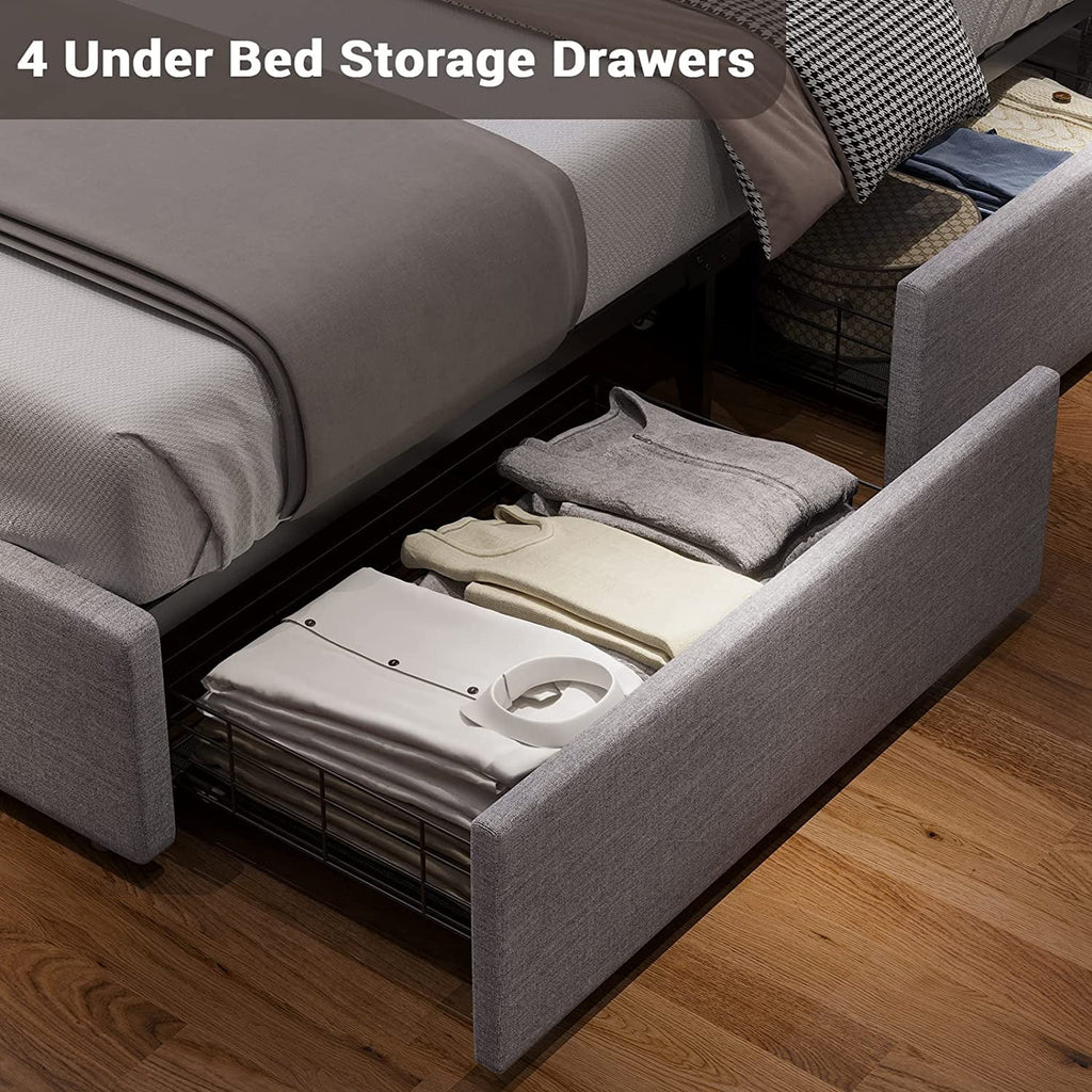 Queen Bed Frame with LED Lights Headboard, 4 Drawers, 2 USB Charging Station, Upholstered Platform Bed, Dark Gray O7775