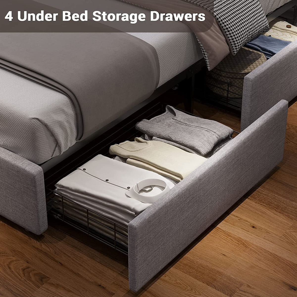 Queen Bed Frame with LED Lights Headboard, 4 Drawers, 2 USB Charging Station, Upholstered Platform Bed, Dark Gray O7775