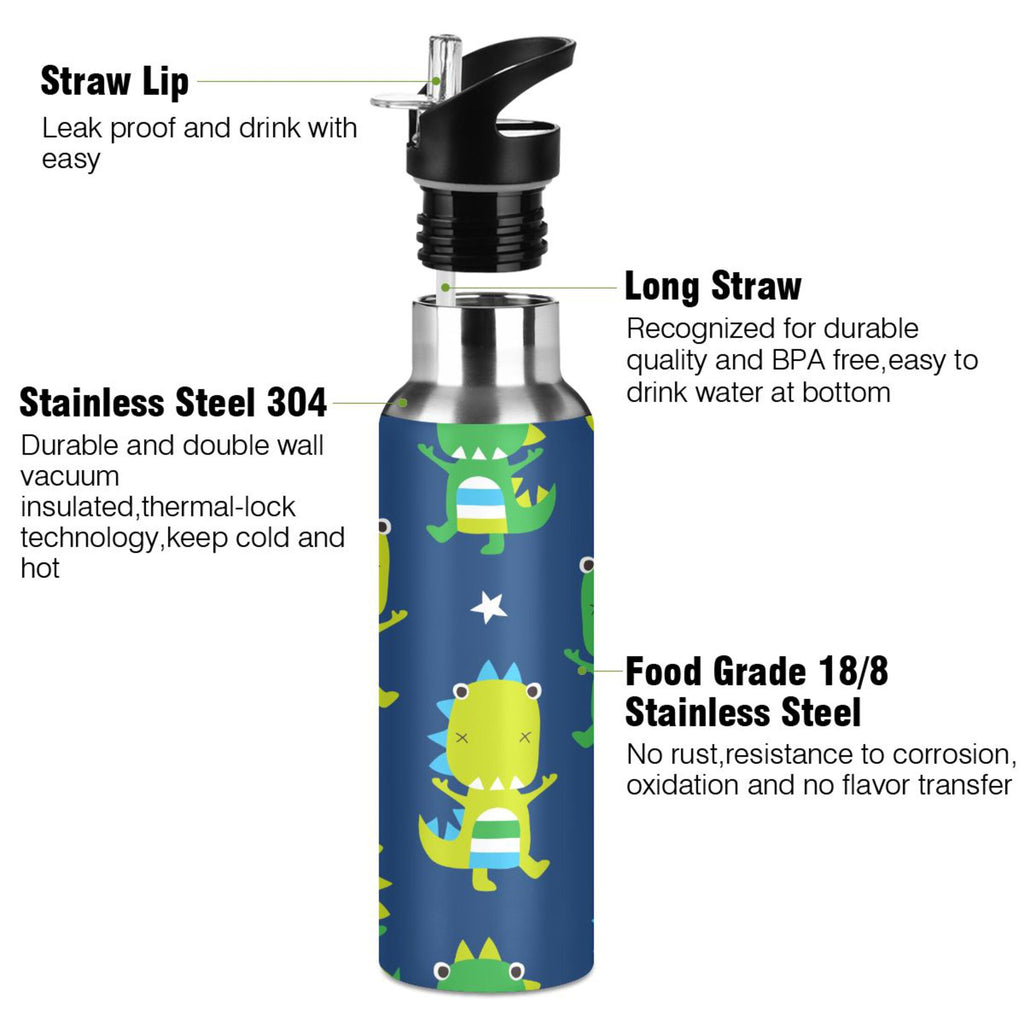 Green Dinosaur Blue Stainless Steel Insulated Water Bottle with Straw Lid V591