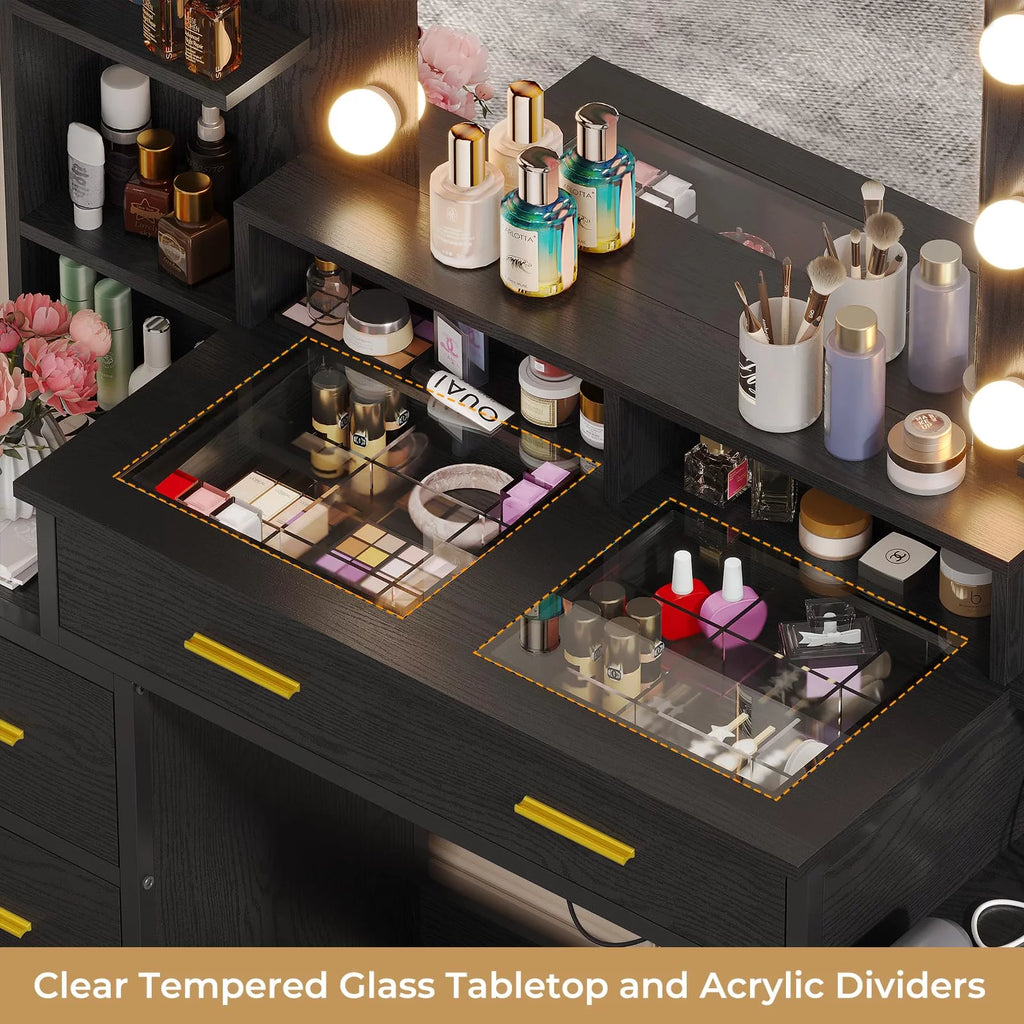 Black Glass Top Vanity Desk with Mirror and Lights J593039