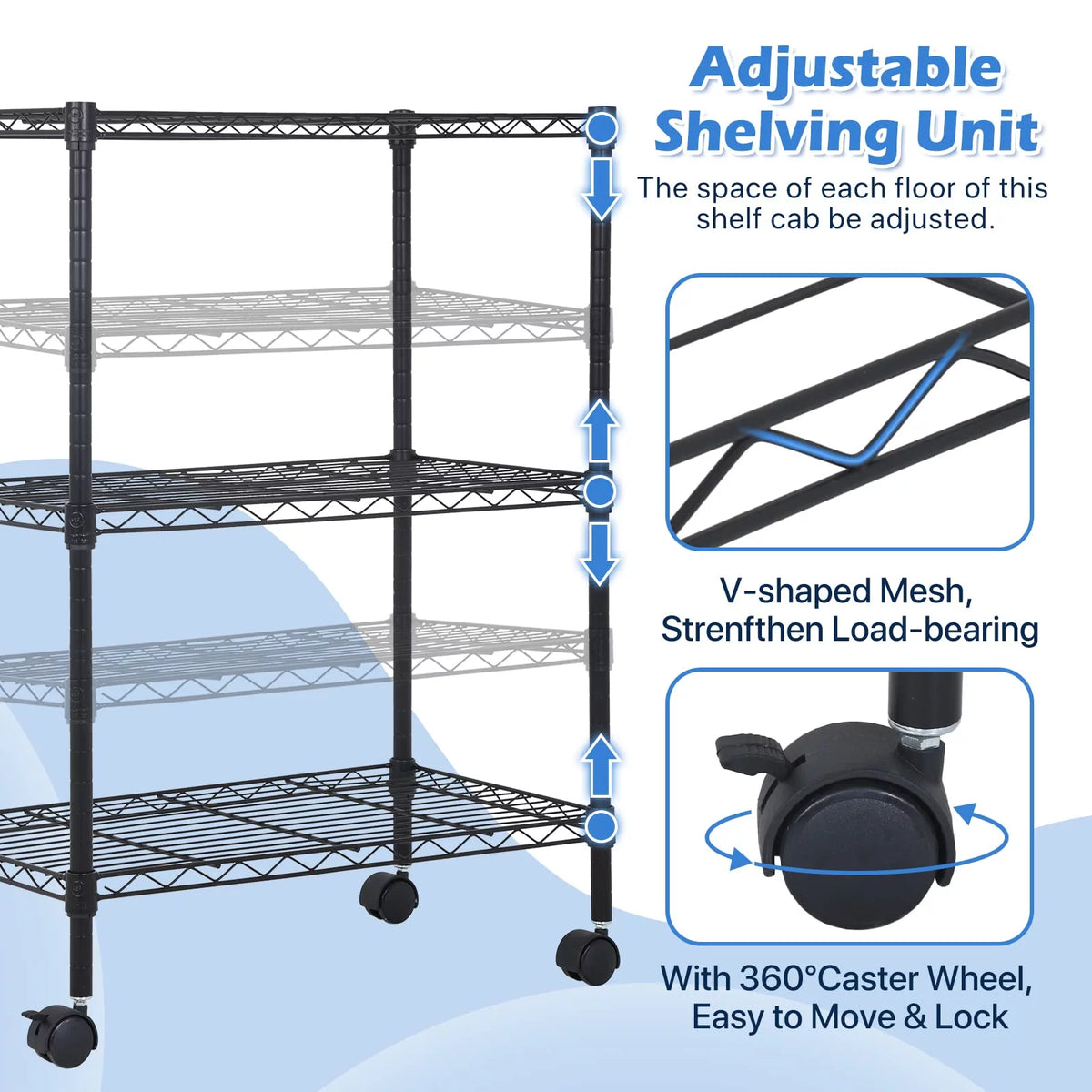 3-Tier Black Adjustable Wire Shelving Unit with Wheels H20340