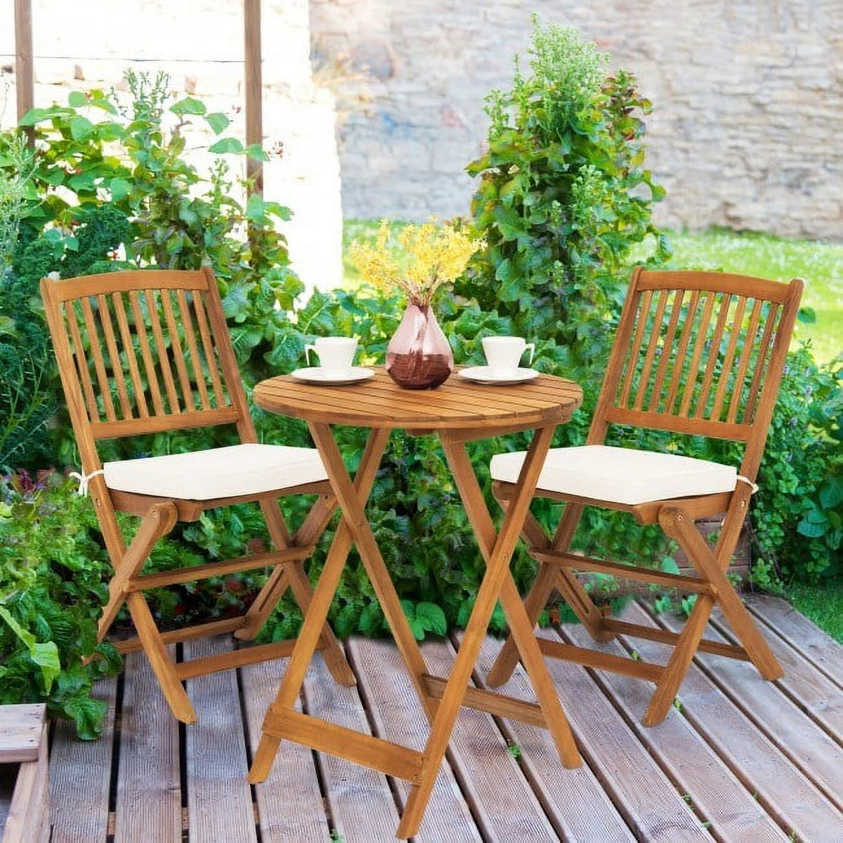 3-Piece Wooden Bistro Set with Cushioned Chairs R19248
