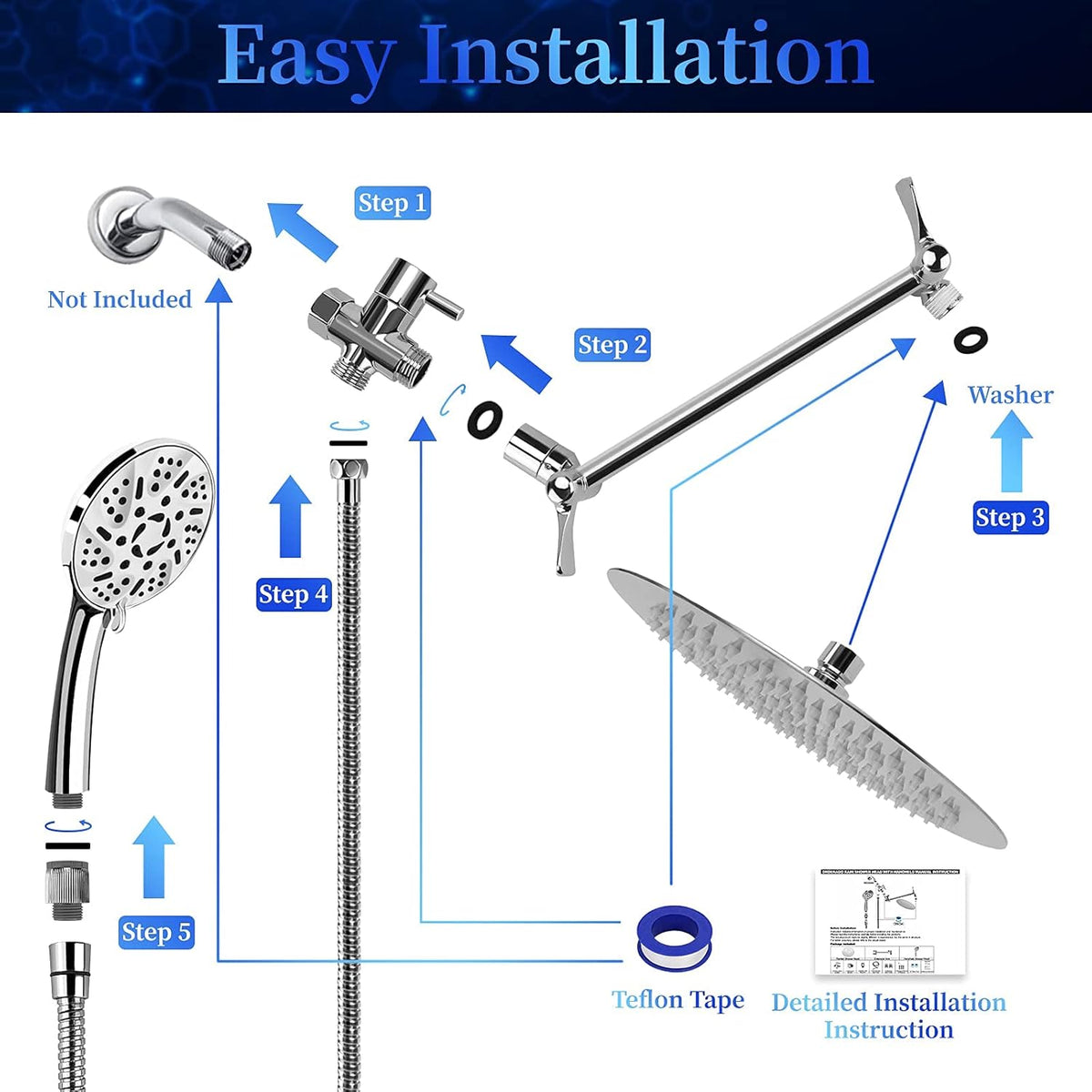 10" Rainfall Shower Head and 9-Setting High Pressure Handheld Shower Heads Combo, Dual ShowerHead with 11" Adjustable Extension Arm and 60" Stainless Hose K897339