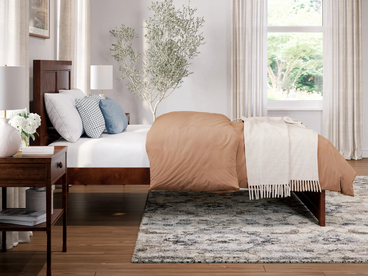 Walnut Solid Wood Platform Bed with Footboard I944755