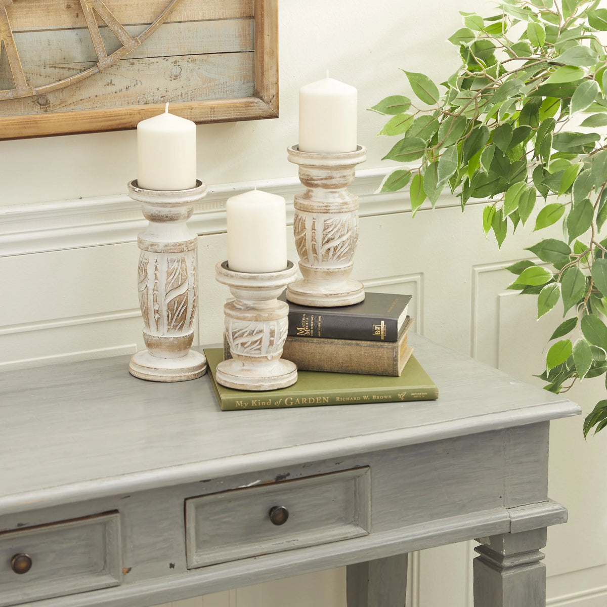 White Wash Wood Candle Holder Set of 3 H408799