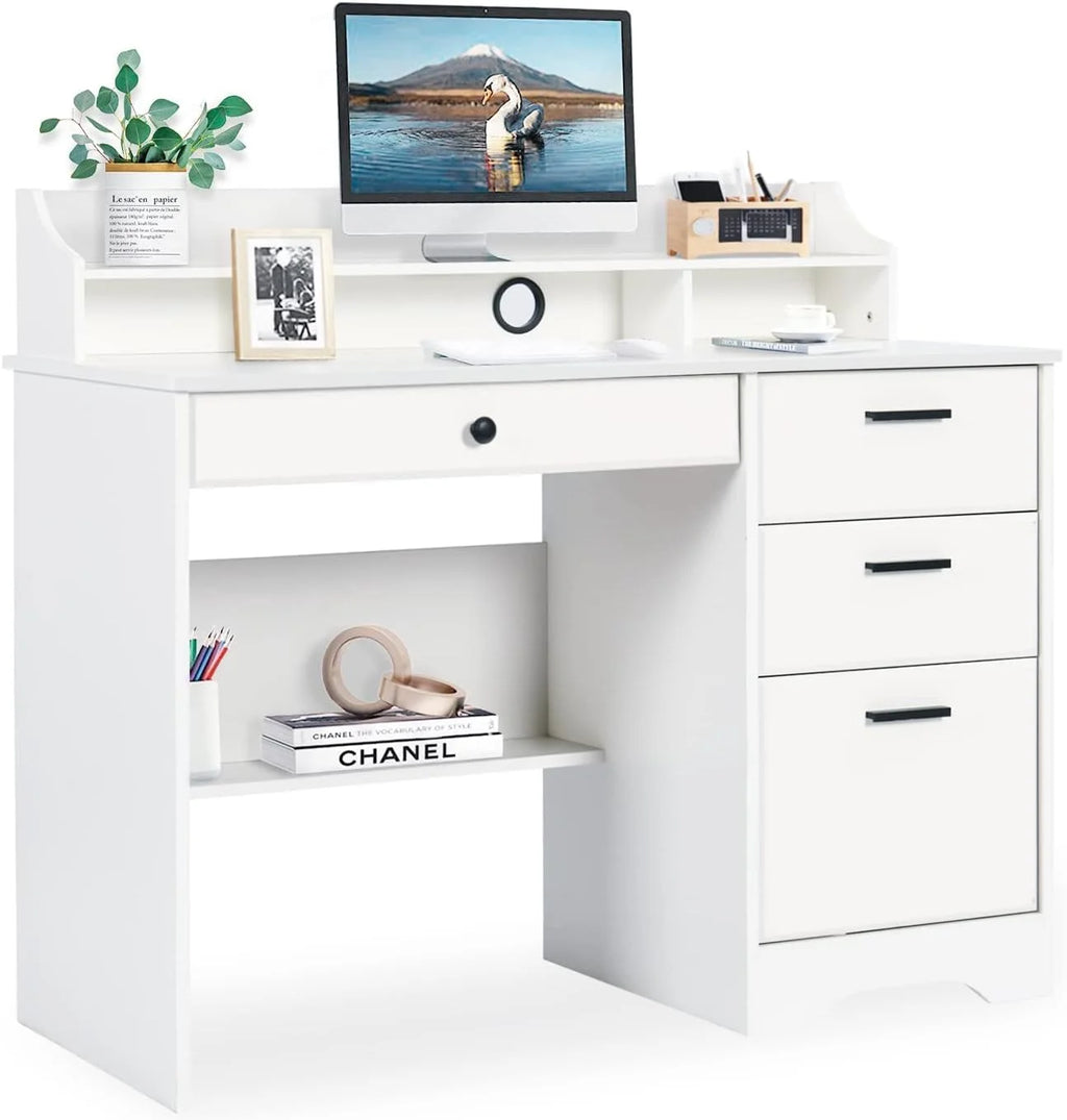 White Computer Desk with Drawers and Hutch B1317