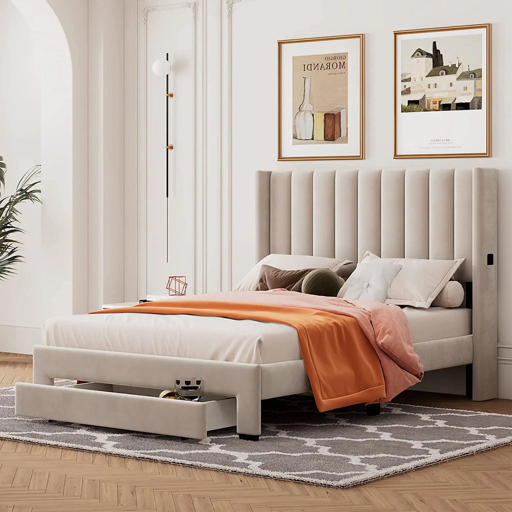Full Size Upholstered Platform Bed Frame with Storage Drawer F9629