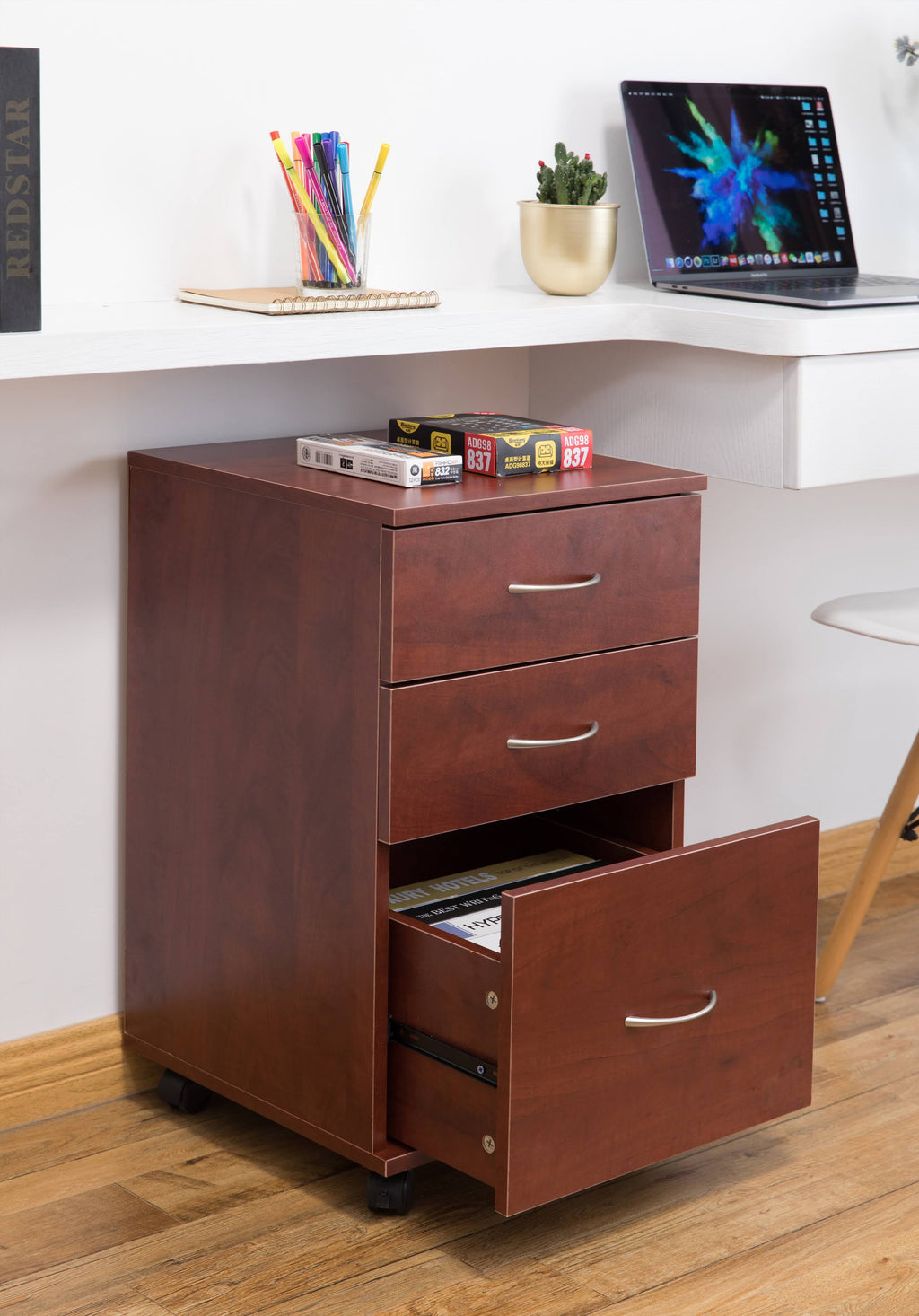 Cherry 3 Drawer File Cabinet with Rolling Casters N2805