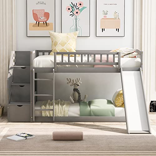 Twin Size Wood Loft Bed with Slide and Storage Shelves Q270053