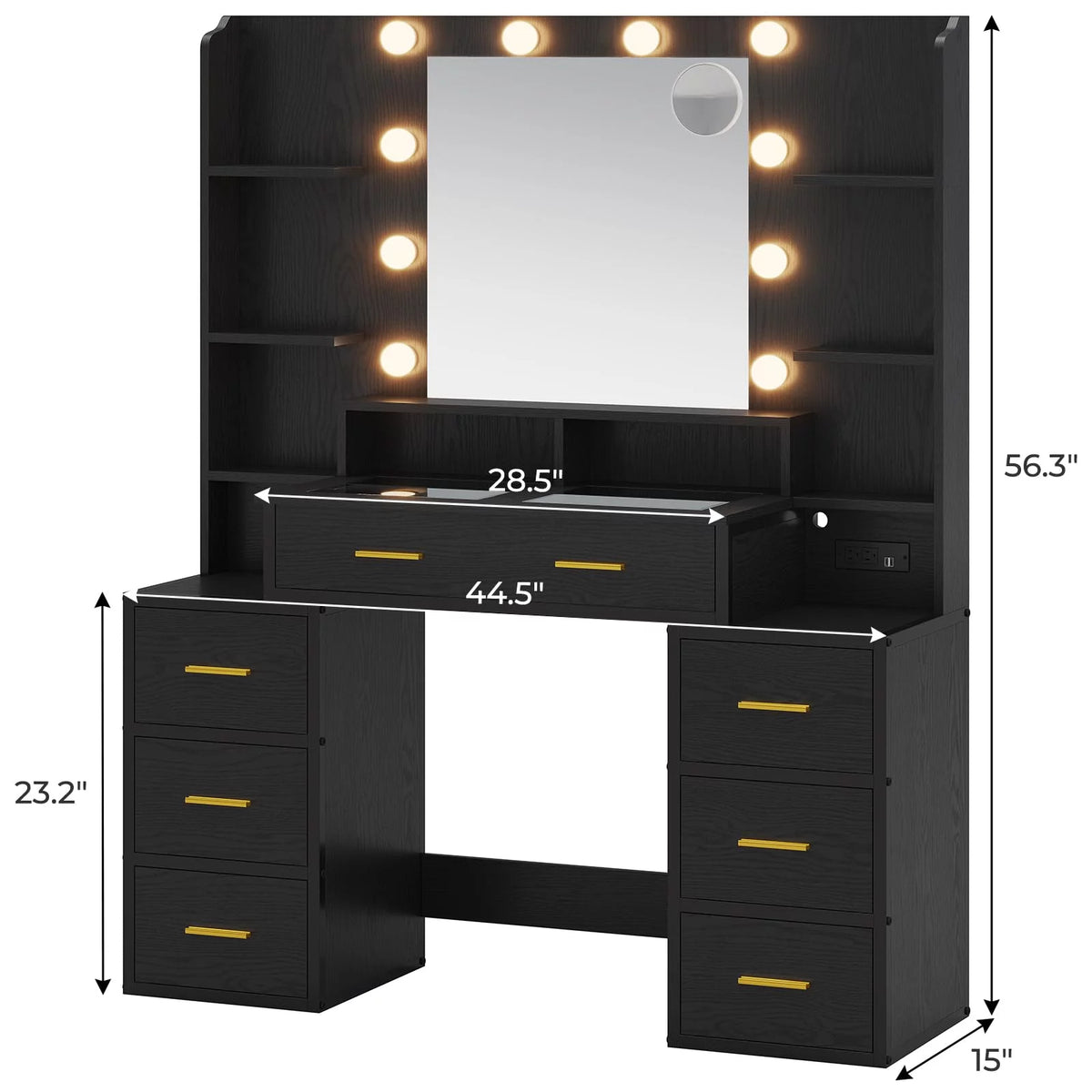 Black Glass Top Vanity Desk with Mirror and Lights J593039
