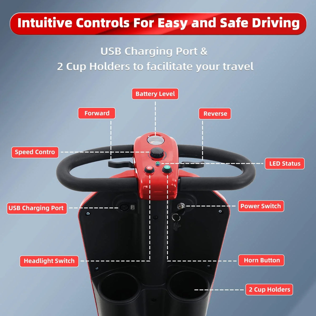 Folding 4 Wheels Mobility Scooter with USB Charging Port, Windshield, LED Light - Red P289