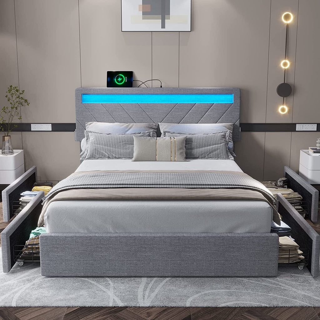 Queen Bed Frame with LED Lights Headboard, 4 Drawers, 2 USB Charging Station, Upholstered Platform Bed, Dark Gray O7775