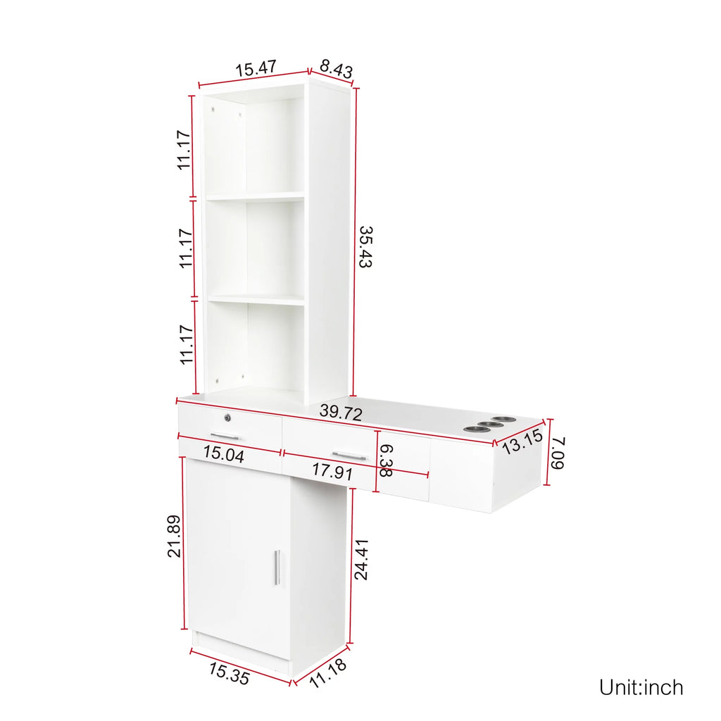 White Wall Mount Salon Station with 3 Tier Shelf and Drawers S948000