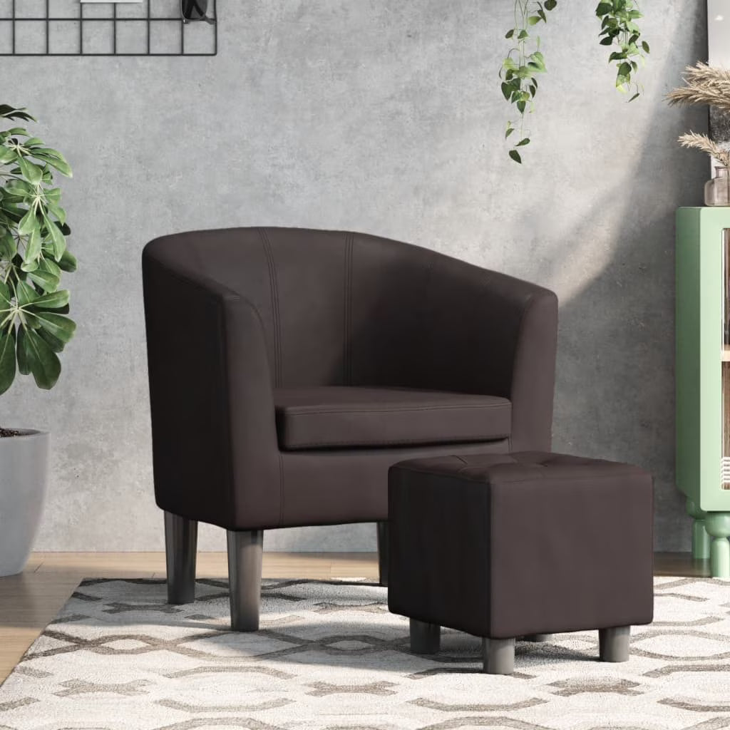 Brown Faux Leather Tub Chair with Footstool I9896