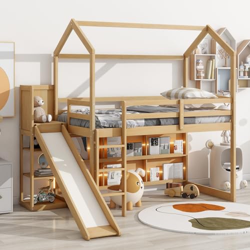 Twin Size Wood Loft Bed with Slide and Storage Shelves Q270053