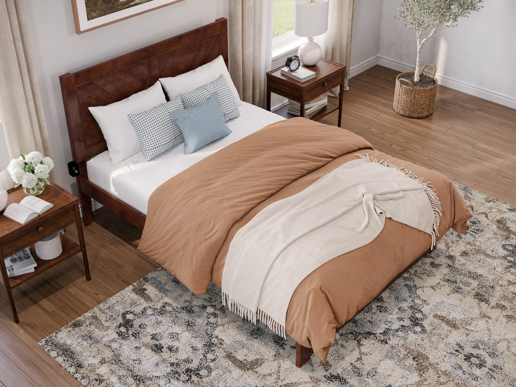 Walnut Solid Wood Platform Bed with Footboard I944755