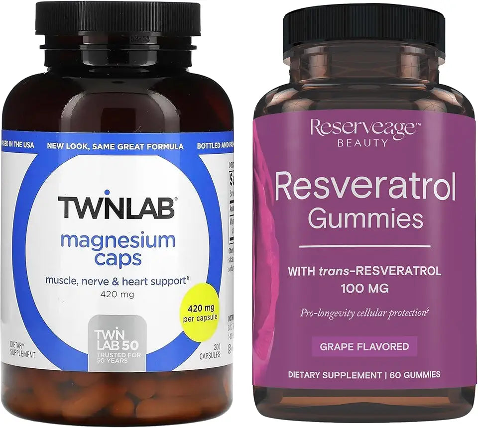 Magnesium Caps 420 mg 200 Count and Resveratrol Gummies 100 mg Vegan L476