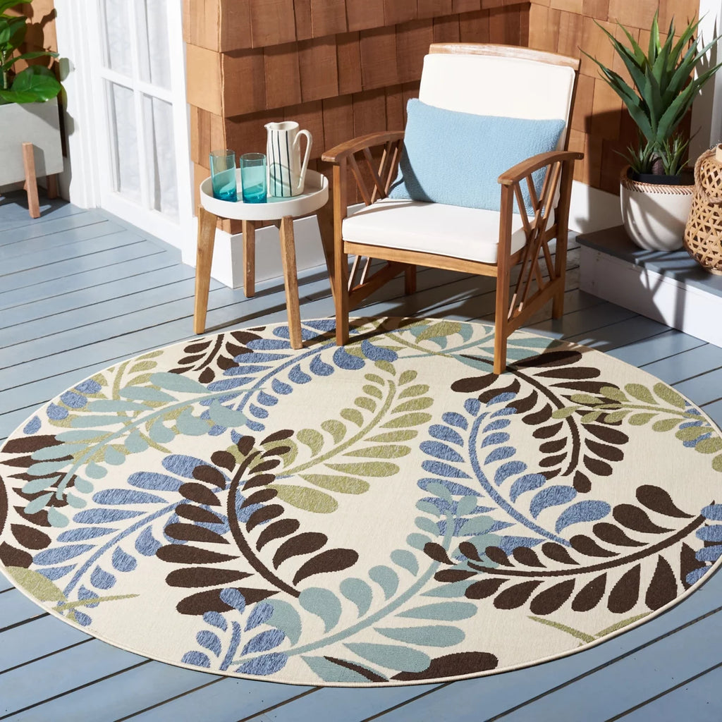 Cream Aqua Floral Indoor/Outdoor Area Rug F229233