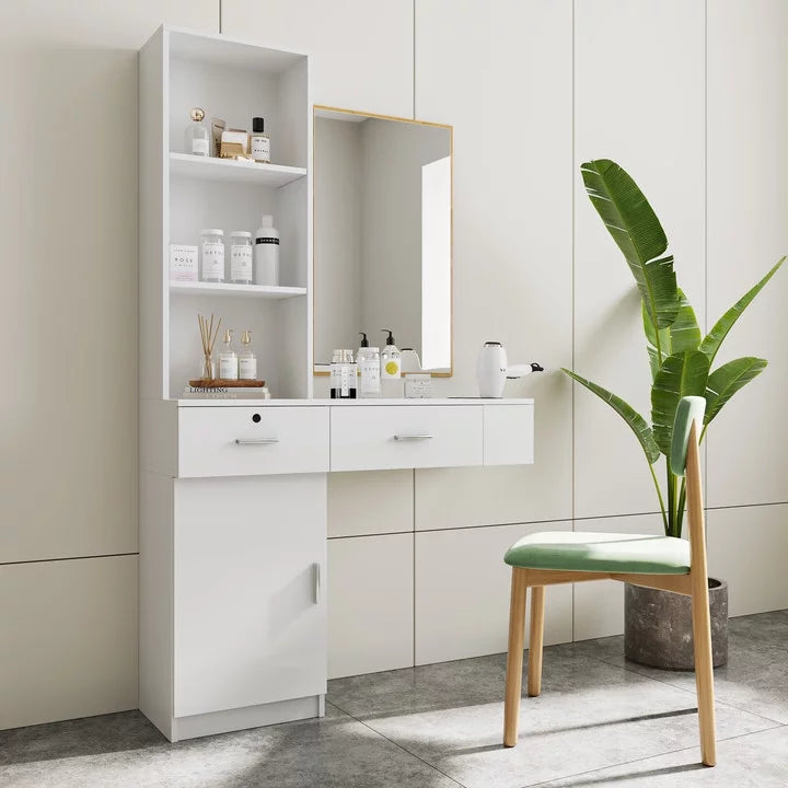 White Wall Mount Salon Station with 3 Tier Shelf and Drawers S948000