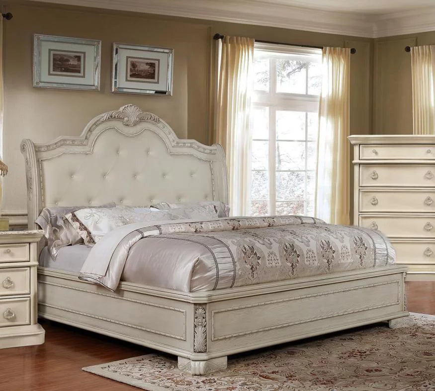 Antique White Tufted King Size Bedroom Set 6Pcs I2726