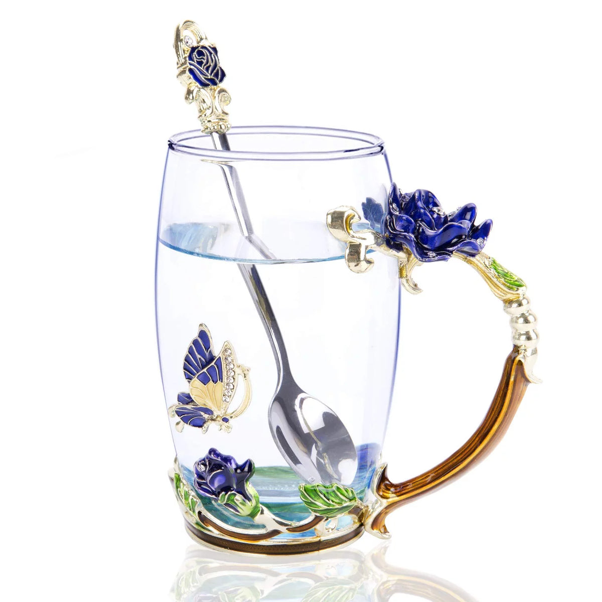 Blue Glass Tea Cup with Lid Coaster Spoon 18oz B50506