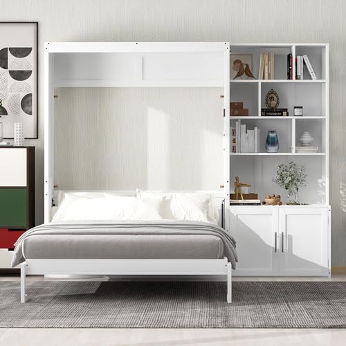 White Full Size Wood Murphy Bed with Storage Shelves and Cabinet Z180514