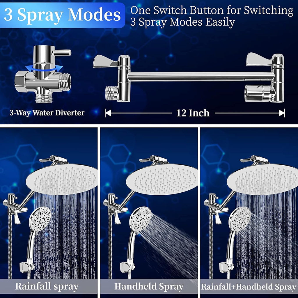 10" Rainfall Shower Head and 9-Setting High Pressure Handheld Shower Heads Combo, Dual ShowerHead with 11" Adjustable Extension Arm and 60" Stainless Hose K897339