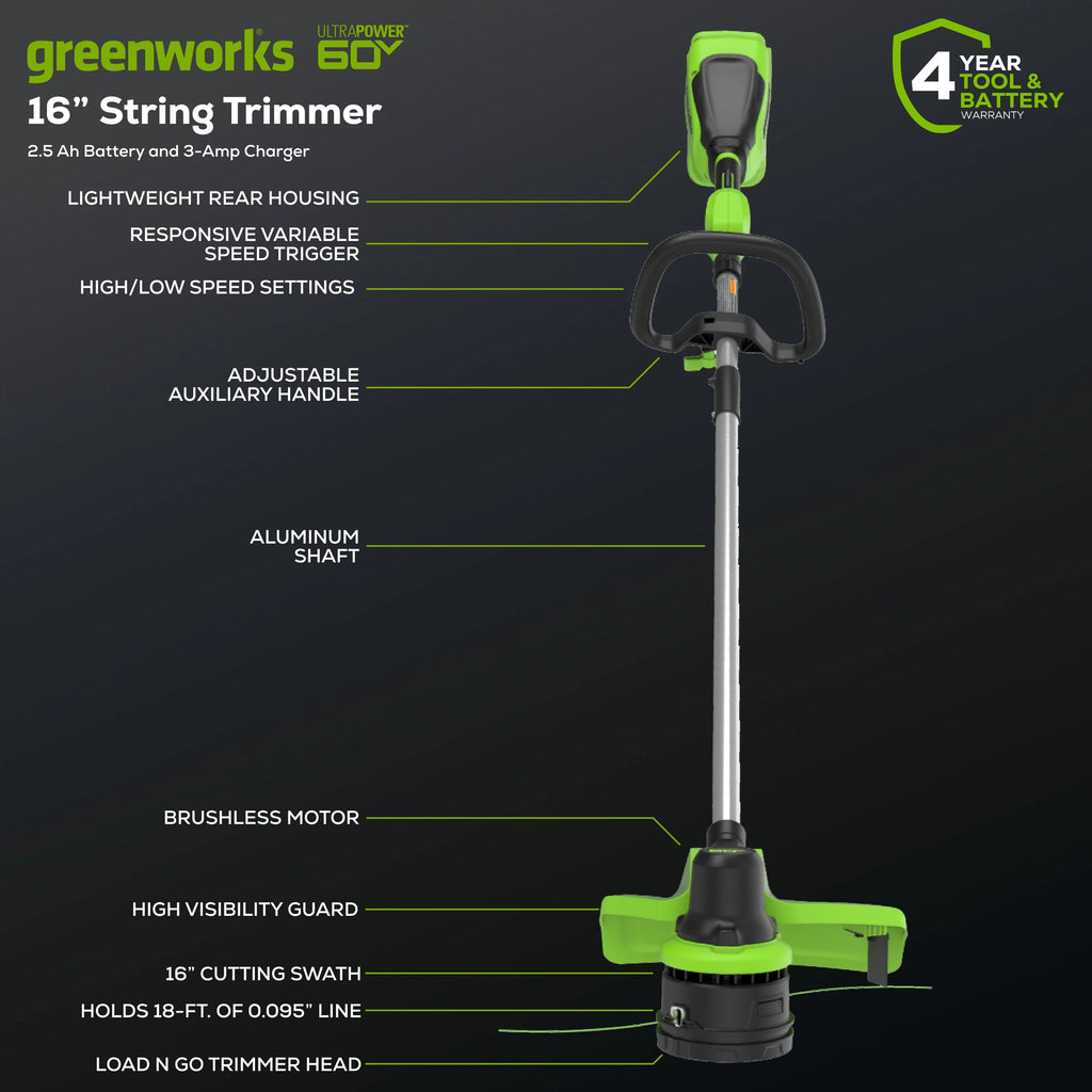60V 16” Front Mount String Trimmer with 2.5 Ah Battery J93120