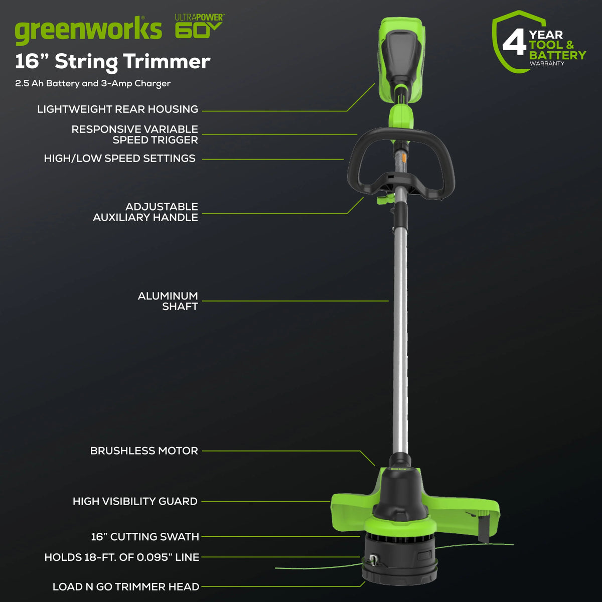 60V 16” Front Mount String Trimmer with 2.5 Ah Battery J93120